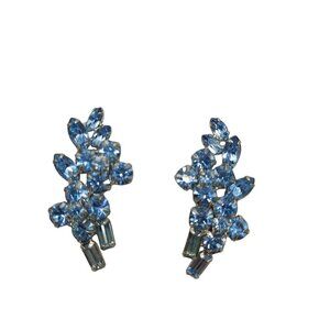 Vintage Ice Blue Rhinestone Bling Mid Century Silver Tone Clip-On Earrings